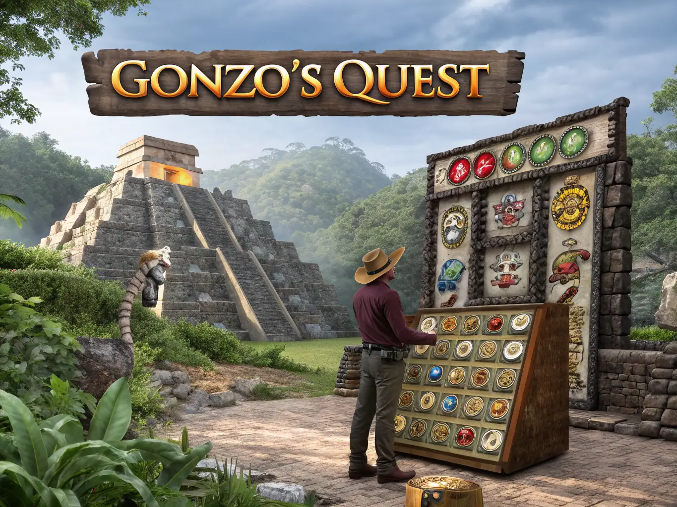 A captivating image of the 'Gonzo's Quest' slot game, showing Gonzo the conquistador standing next to the reels, set in a lush jungle environment with ancient ruins.