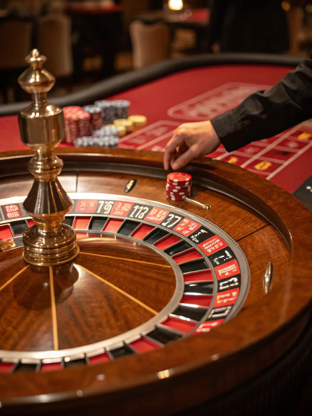 A sophisticated image displaying a roulette wheel in motion at 8857 Bet, surrounded by betting chips and a luxurious casino setting, capturing the anticipation of the game.
