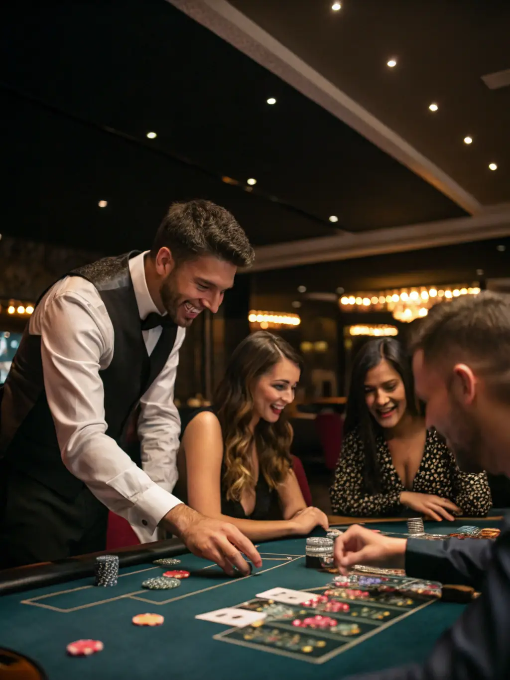 An elegant image depicting a live dealer at a blackjack table in 8857 Bet, with players engaged in the game, creating an atmosphere of real-time excitement and interaction.